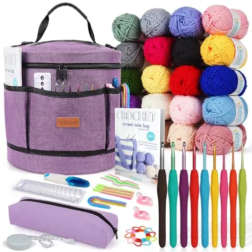 Katech crochet starter kit with multifunctional storage bag and yarn