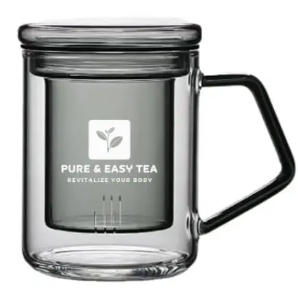 Modern glass mug with integrated infuser & lid