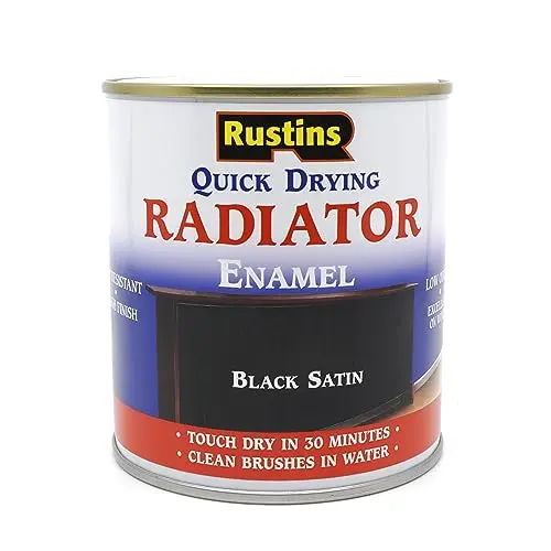 Rustins satin black radiator paint can