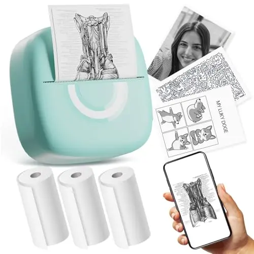 Cabaro mini thermal sticker printer in green with paper rolls