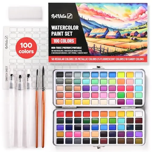 Art Vista 100-color watercolor paint set with metallic and fluorescent shades
