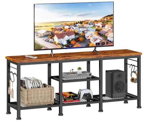 Open shelf stand with mesh storage & hooks