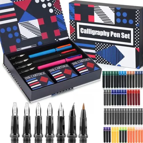 DTianSir calligraphy fountain pen set with 7 replaceable nibs and multicolor ink