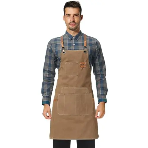 CANVAS waterproof work apron with cross-back straps and multiple pockets