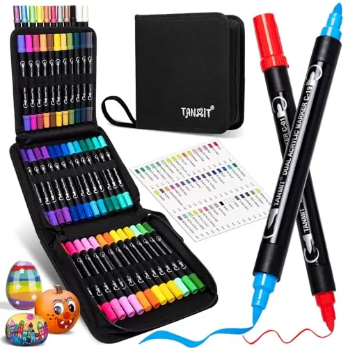 TANMIT 48-color acrylic paint markers with dual tips on various surfaces
