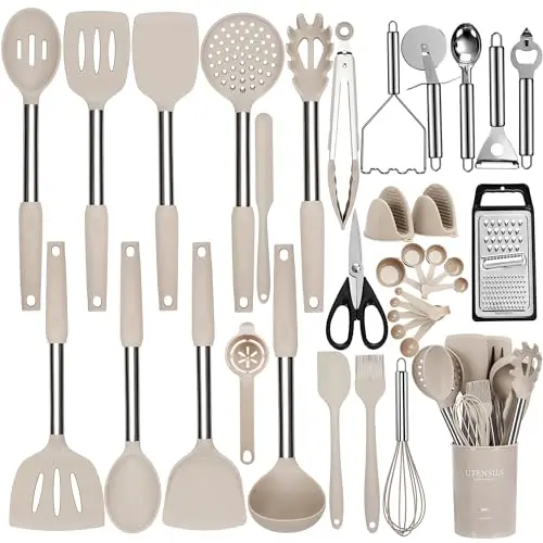 NCUE 35-piece silicone cooking utensil set with stainless steel handles in khaki