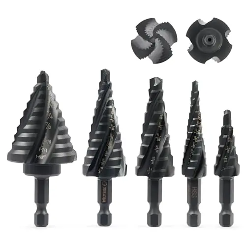 ZELCAN 5-piece step drill bit set with four spiral flutes