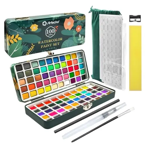 Artecho 100-color watercolor paint set with velvet bag and metal case