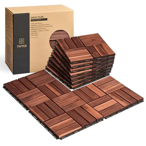 THYOI dark brown acacia wood deck tiles with crossed pattern design