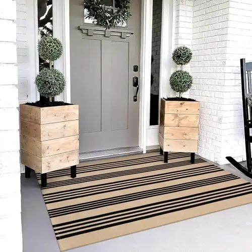 OJIA black and tan striped outdoor rug for porch decor