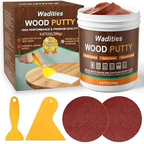 Wadities walnut-colored wood putty with applicator tools