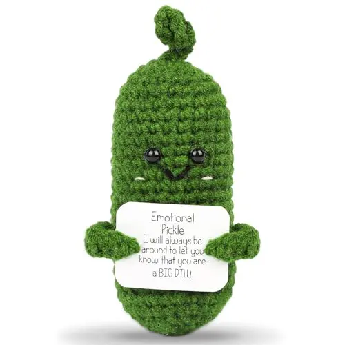 Handmade crochet pickle doll with encouraging message card