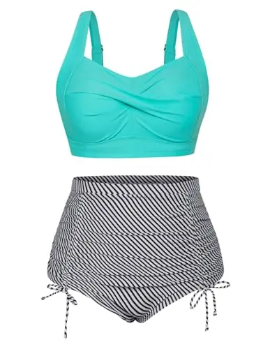 Tummy Control 1950s Bikini, Blue & Stripes
