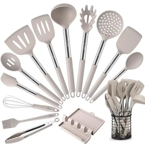 HOTEC 14-piece silicone kitchen utensil set in khaki color with stainless steel holder