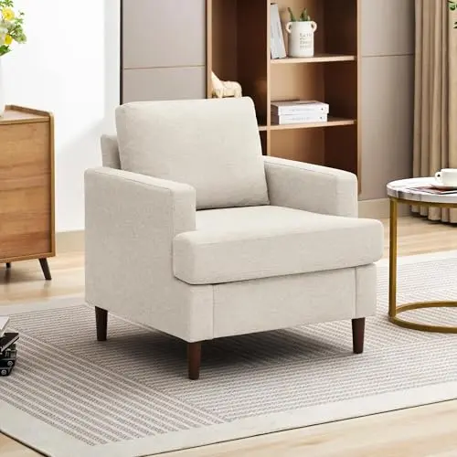 Linen Fabric Armchair with Wood Legs