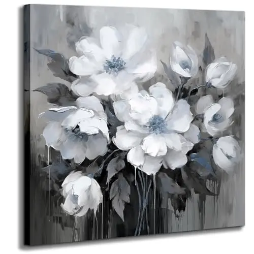 Small gray and white blue flower canvas wall art
