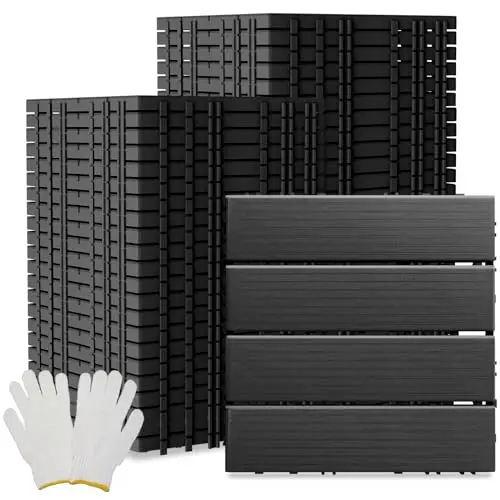 LAAPEE plastic interlocking deck tiles in charcoal gray showing textured anti-slip surface