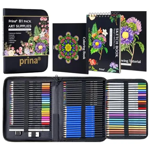 PRINA 81-piece drawing set with rainbow colored pencils and sketchbook
