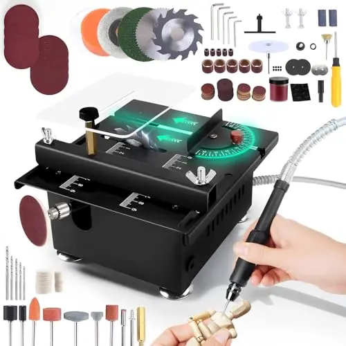 Loddery mini table saw in black with multiple blades