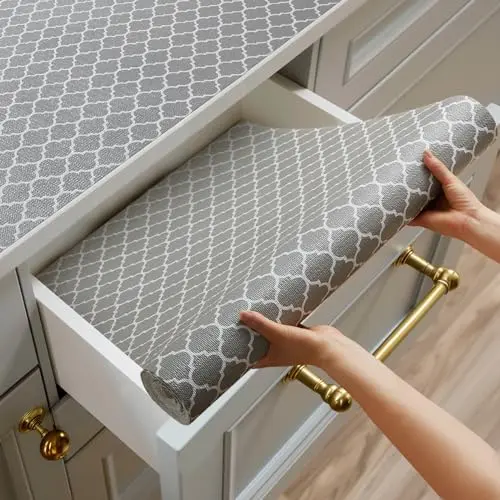 Shinlendid gray vinyl drawer liner with geometric pattern