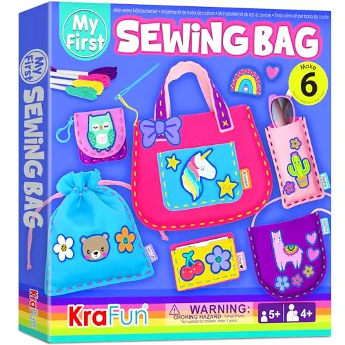 KRAFUN beginner sewing bag kit with animal-themed felt projects and plastic needles