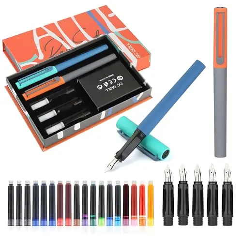 GC QUILL calligraphy fountain pen set with 5 nibs and multicolor ink cartridges