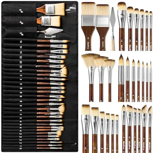 Nicpro 30-piece paint brush set with wood handles and cloth roll