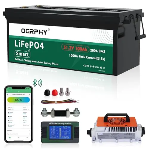 LiFePO4 Golf Cart Battery with LCD & Bluetooth, 200A BMS