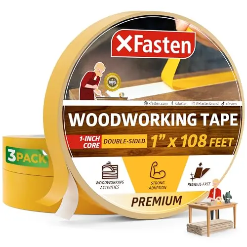 XFasten double sided woodworking tape roll with yellow backing and cream cloth