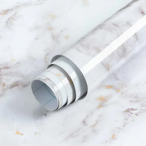 Rabbitgoo glossy marble contact paper on a kitchen countertop extending to bathroom