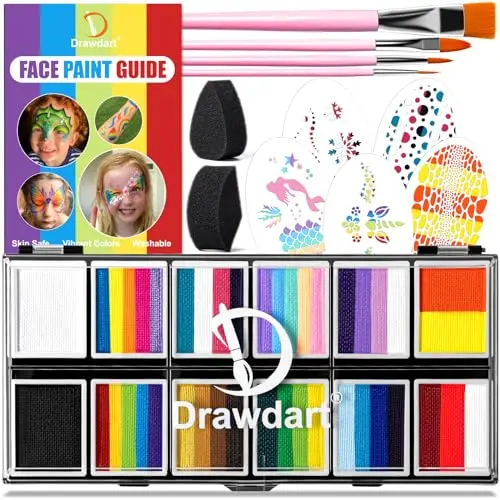 Drawdart face painting kit with split cakes, stencils, and brushes