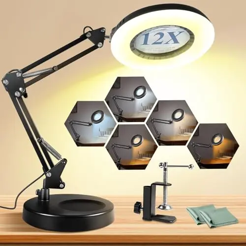 Toolastra desk magnifying lamp with 12X magnification and 144 LEDs