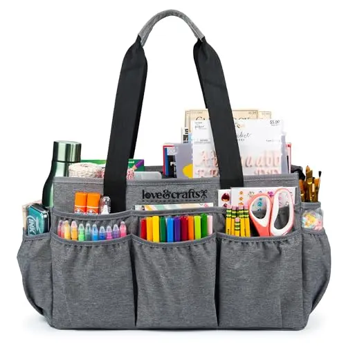 Large craft organizer tote bag with elastic side pockets