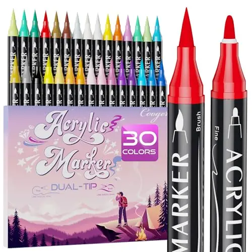Coogert 30-color acrylic paint pens showing dual tips on canvas