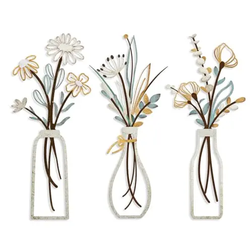 Pigort metal flowers wall art in beige with black silhouettes