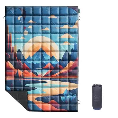 Olivialand down camping blanket in mountain sunset pattern