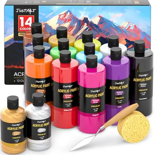 JusArt 14 colors acrylic paint set with large bottles for big projects