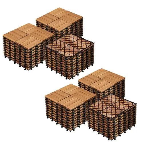 YAHEETECH acacia wood interlocking patio deck tiles showing spaced slat design
