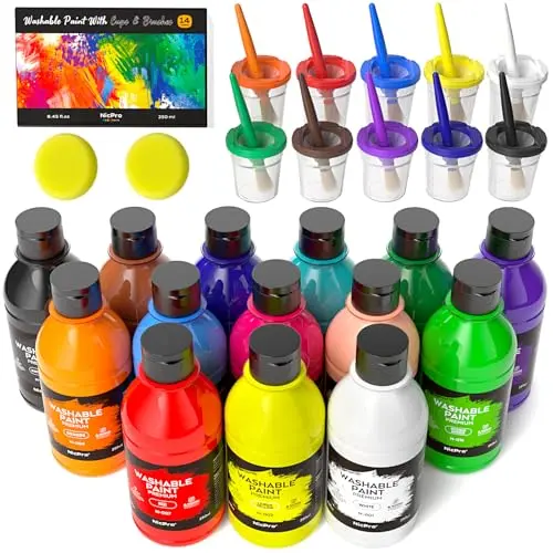 Nicpro washable paint set with brushes, cups, and 14 colors