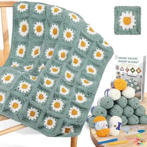 Coopay crochet kit with yarn, hooks, and instructions for granny square blanket