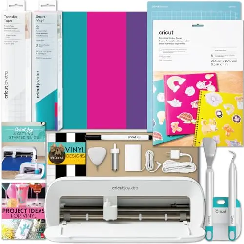 Cricut Joy Xtra cutting machine with printable sticker paper and vinyl sampler