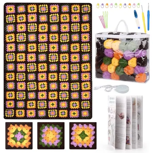 Katech crochet kit with 32 yarn colors for granny square blanket