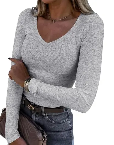 Rayon Spandex V Neck Ribbed Fitted Basic