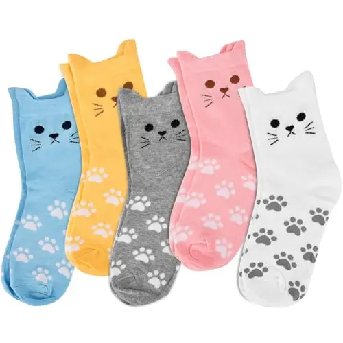 5-Pair Cute Cat Crew Socks - Soft & Trendy