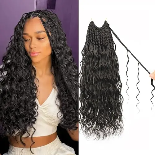 UENOKIPS Goddess Box Braids Crochet Hair in 1B color with curly ends