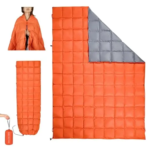 ROSE FEATHER down camping blanket in orange with snap features