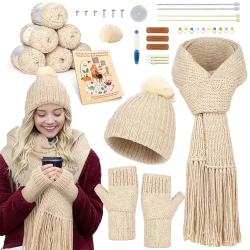 Katech knitting kit with yarn for hat, scarf, and gloves