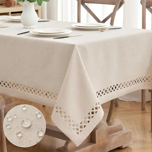 MIULEE natural color polyester tablecloth with decorative cutout border