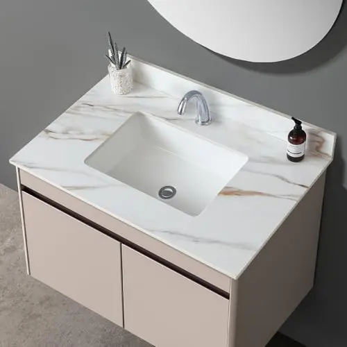 Legendstone Calacatta gold sintered stone vanity top with rectangular ceramic undermount sink