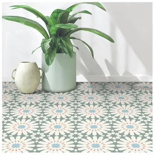 MORCART green and white floral pattern peel and stick vinyl tiles